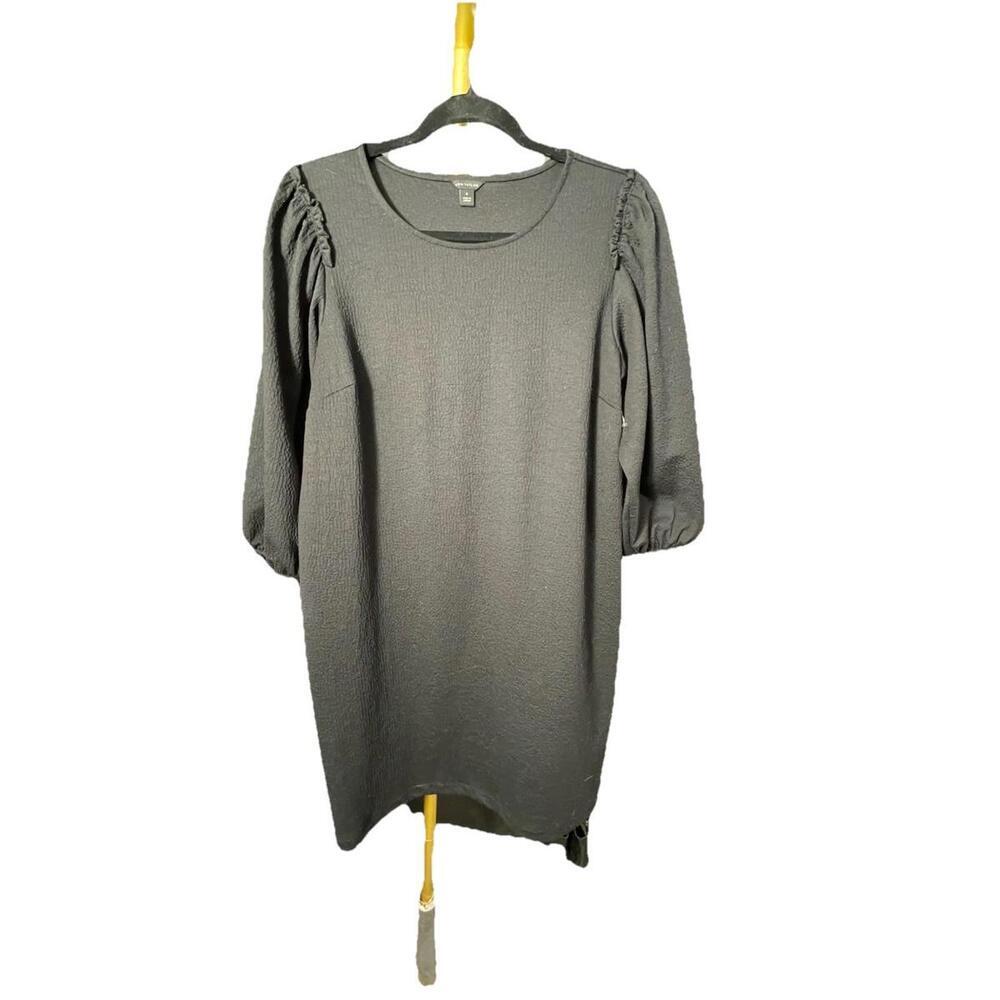 ANN TAYLOR Lantern Puff Sleeve Black Shift Knee Length 3/4 Short Sleeve Dress M - Picture 1 of 5